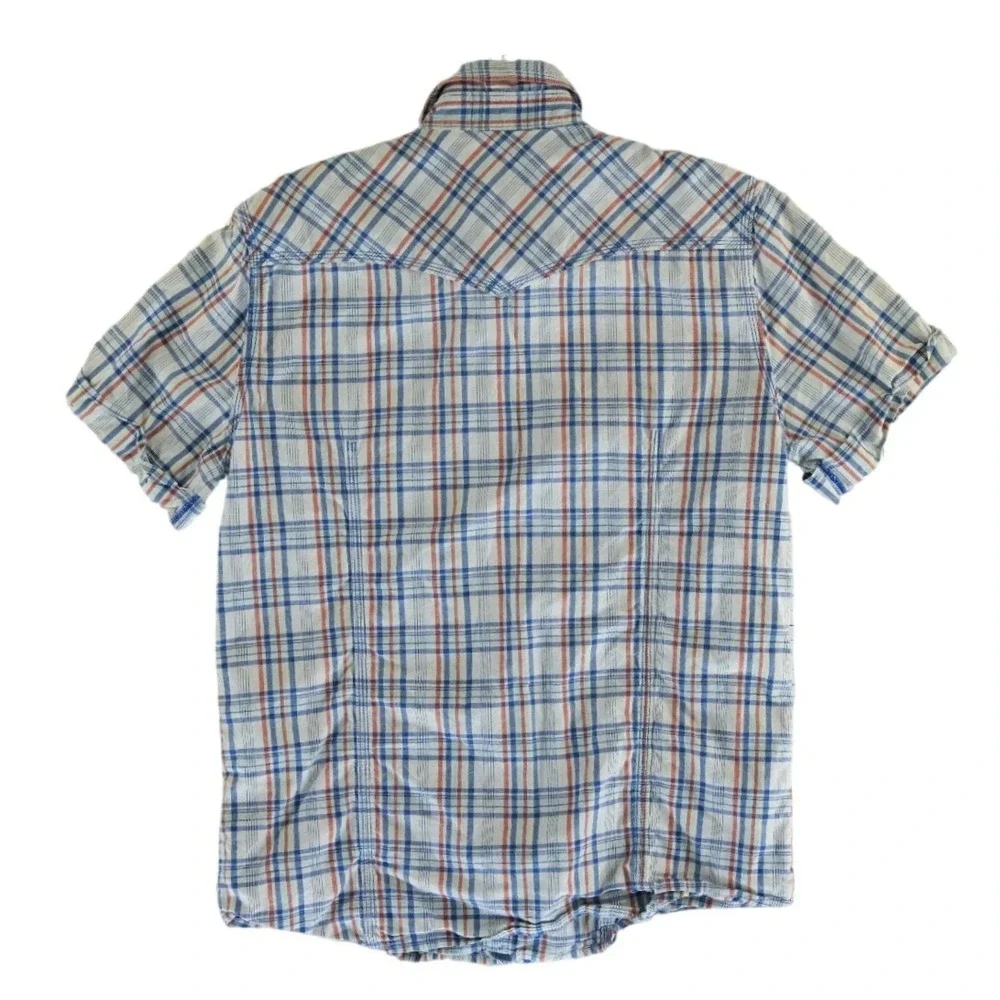 True Religion Shirt Men's Size Large Blue Plaid Pearl Snap Western Short Sleeves